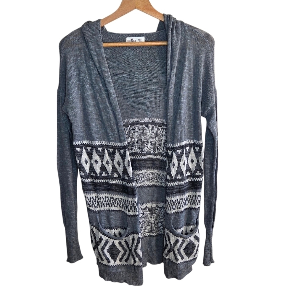 Hollister Gray Aztec Geometric Print Hooded Open Front Cardigan Sweater XS/S
